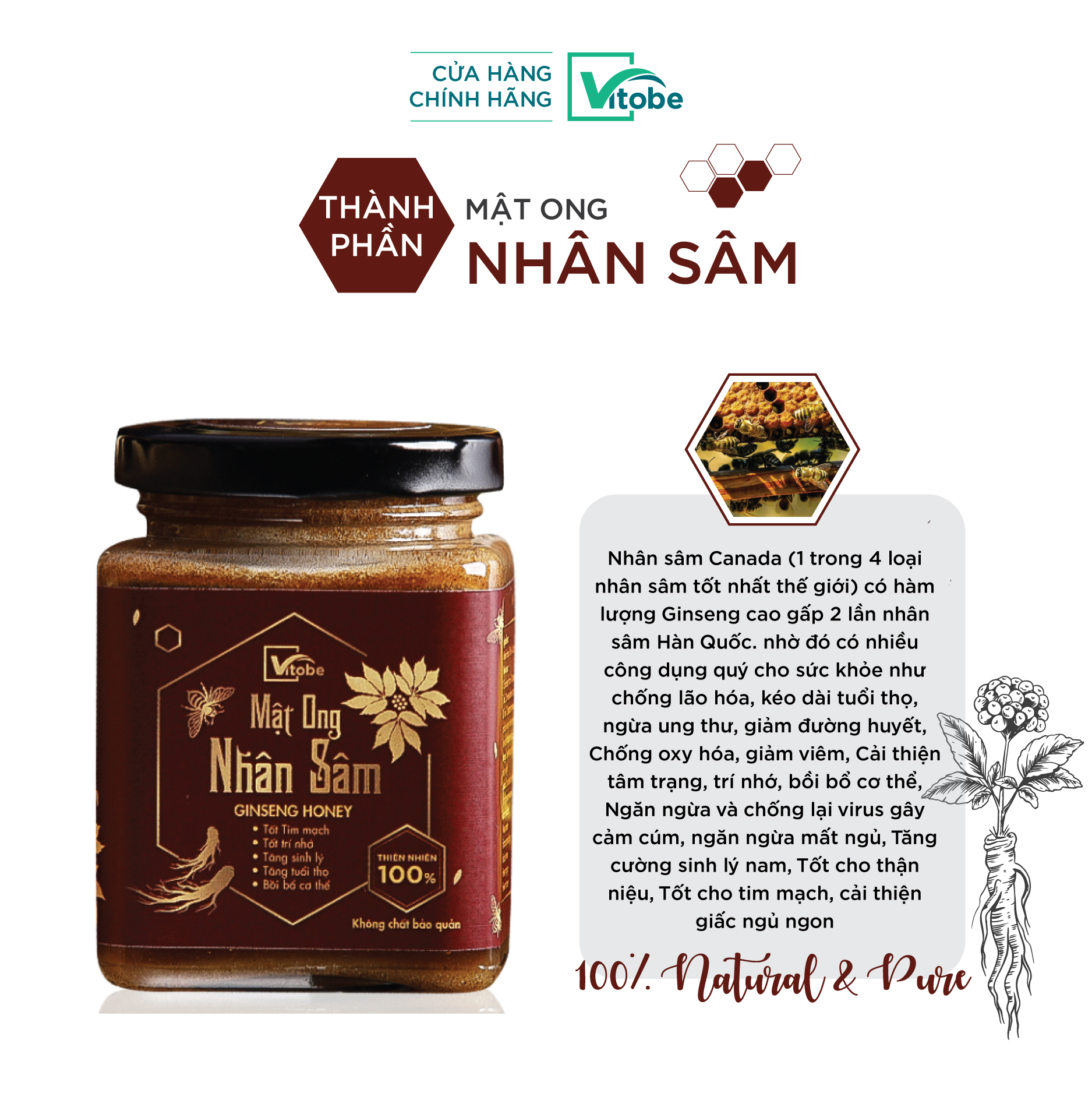 Mật Ong Nhân Sâm Vitobe (300gr) - Hữu Cơ 100%