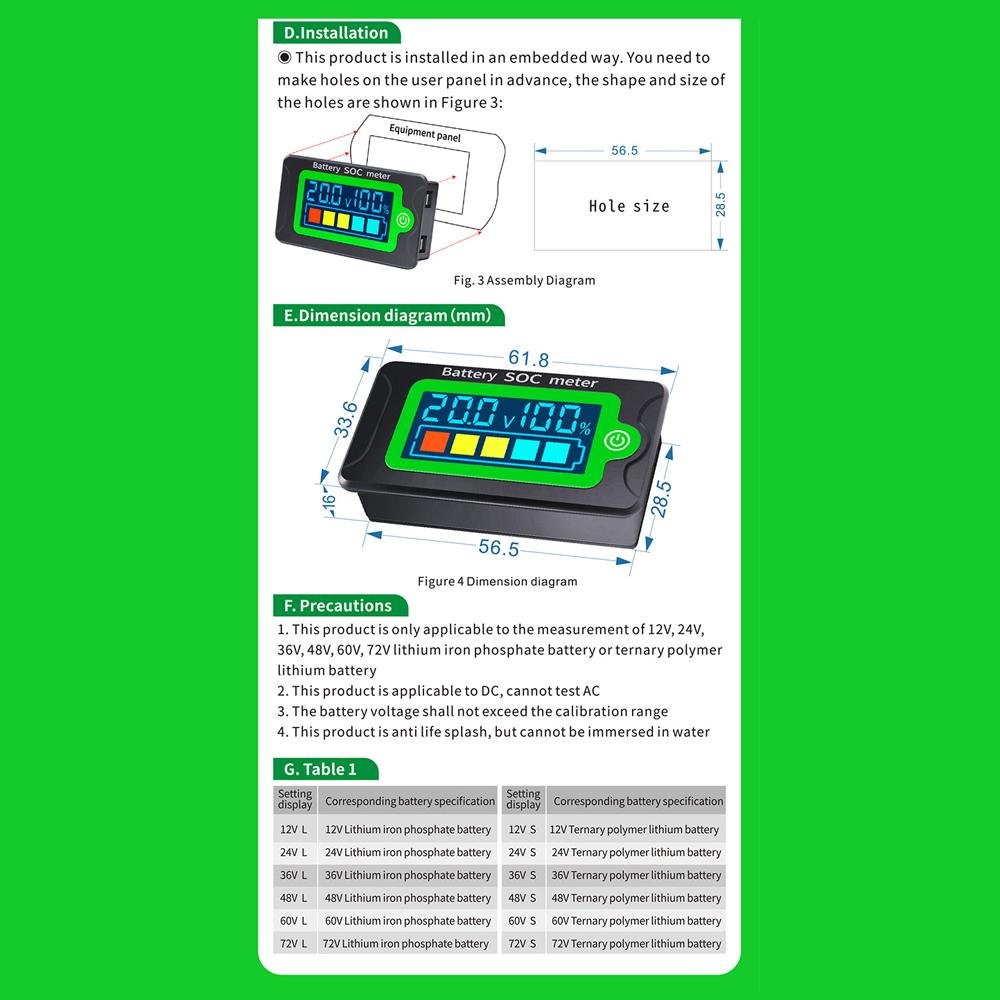 Waterproof Battery SOC Power Meter Capacity Indicator 8-100V Direct Current Voltmeter 12.0V 24V 36V 48V 60V 72V Lithium Iron Phosphate Battery Ternary Lithium Polymer Battery Tester