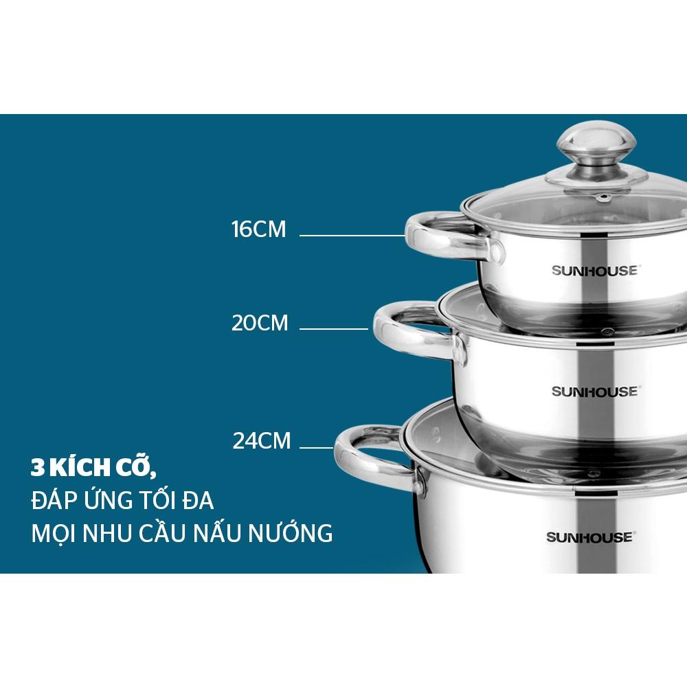 Bộ nồi inox 3 đáy Sunhouse SH334, Chất liệu inox phù hợp với tất cả các loại bếp, Vung kính cường lực, Hàng chính hãng