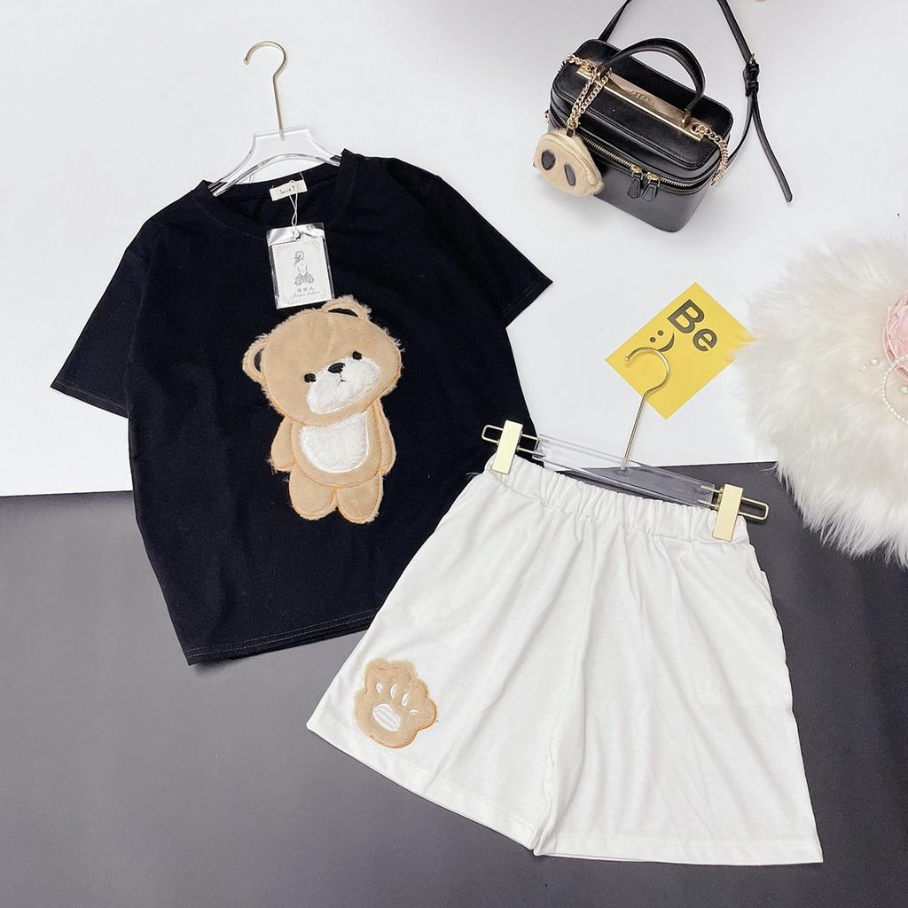 Bộ Cộc Tay Thêu Gấu Kèm Quần Short Ống Rộng