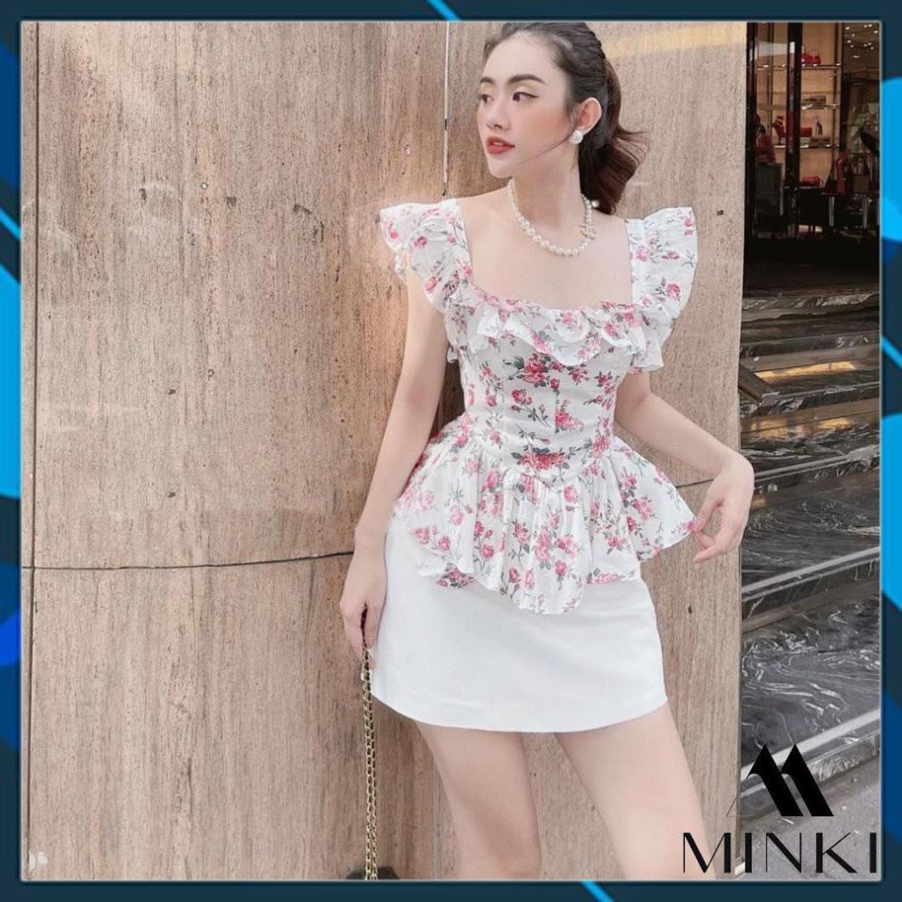 SET ÁO HOA TAY BÈO VÀ CHÂN VÁY MIDI - Chất Liệu Cao Cấp - Màu Hoa Trắng và Hoa Xanh