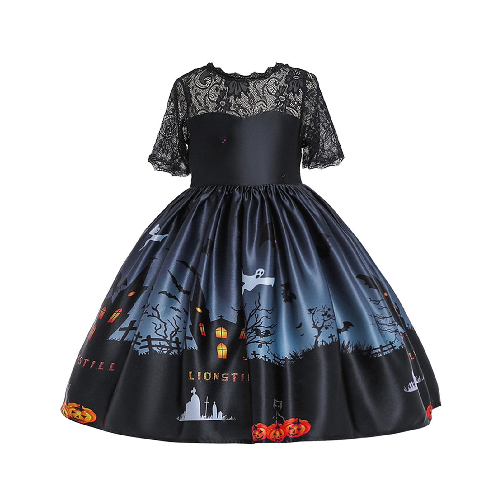 Kids Girls Halloween Costume Dress Pumpkin Skull Printed Fancy Dress Up Cosplay Party Outfits