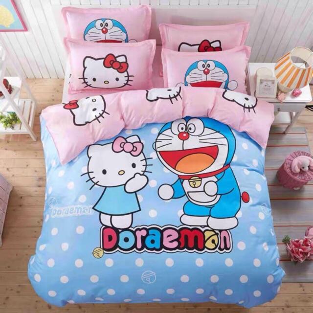 Bộ chăn ga gối Hàn Quốc Doremon hồng xanh