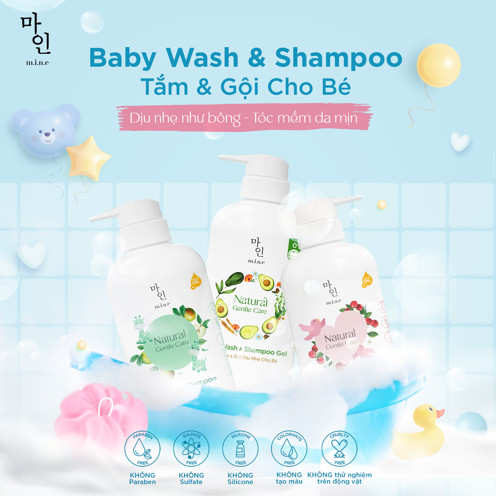 Tắm &amp; Gội Hương Táo Xanh cho bé MINE – Kid Wash &amp; Shampoo Juicy Apple