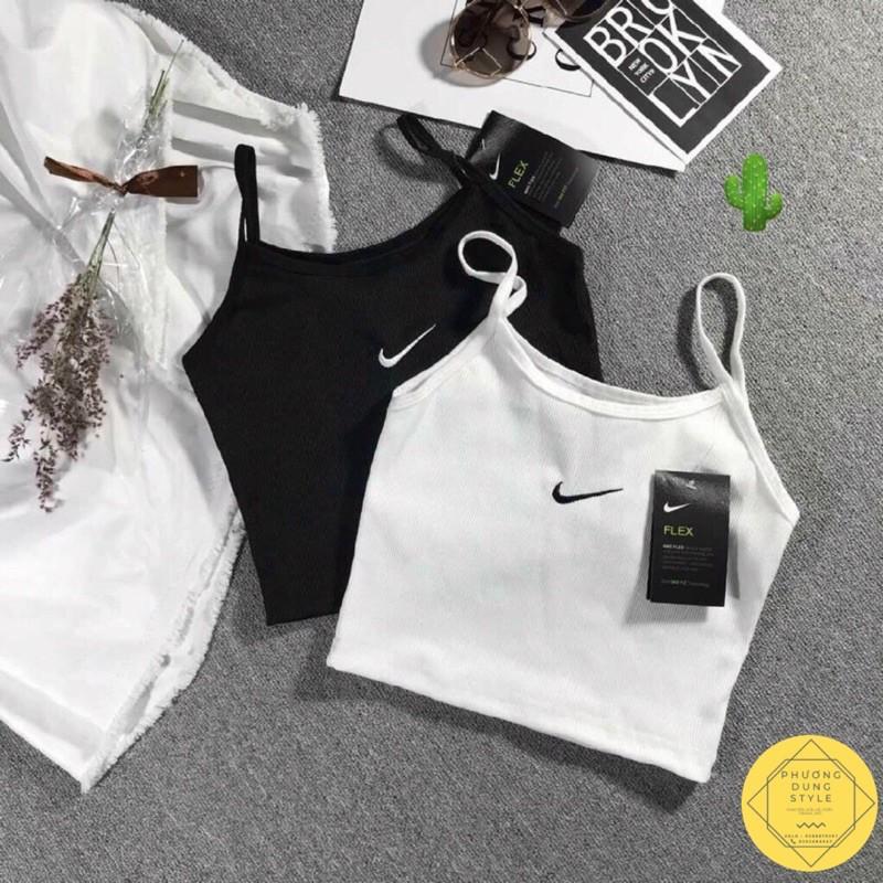 Áo 2 dây croptop thêu logo 2 màu trắng đen basic thun porip dưới 52kg