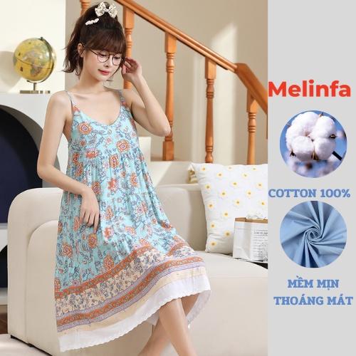 Váy ngủ hai dây nữ vải Cotton lụa tự nhiên thoáng mát mềm mại, đầm mặc nhà mùa hè freesize mã VAV0288