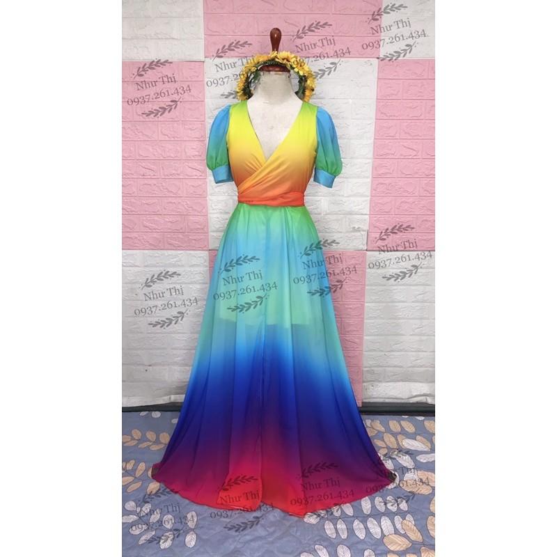 (miễn phí chỉnh váy) đầm maxi màu loang ombre cột nơ ngực xẻ tà đi biển du lịch chụp hình sống ảo cực sang giá rẻ