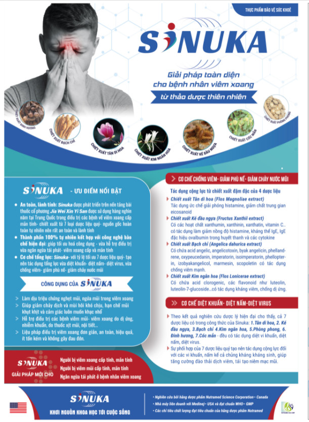 SINUKA - Viên uống thảo dược thiên nhiên hỗ trợ viêm xoang - Nhà máy liên doanh Medinej USA đạt chuẩn WHO -GMP