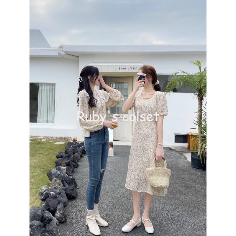 Đầm vintage hoa nhí - Váy hoa nhí vintage tiểu thư cổ ren kèm chun