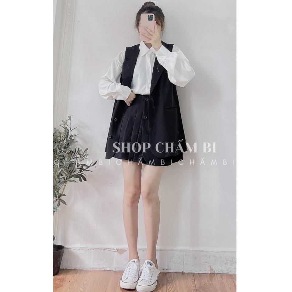Set bộ đi chơi S.064, Set áo gile cổ vest form rộng cùng chân váy xếp ly cách điệu phong cách Hàn Quốc