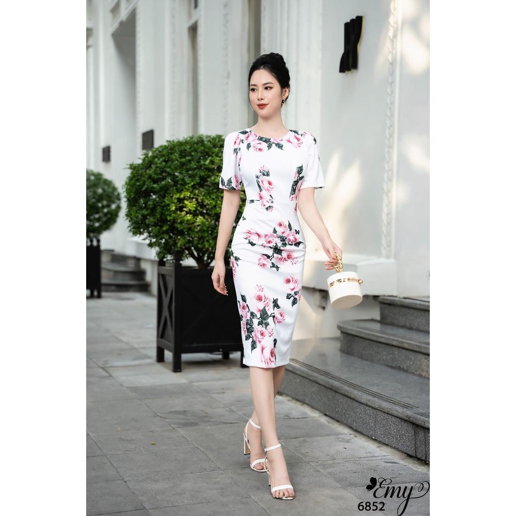 Đầm EMY EM6852 Body Hoa Nền Trắng