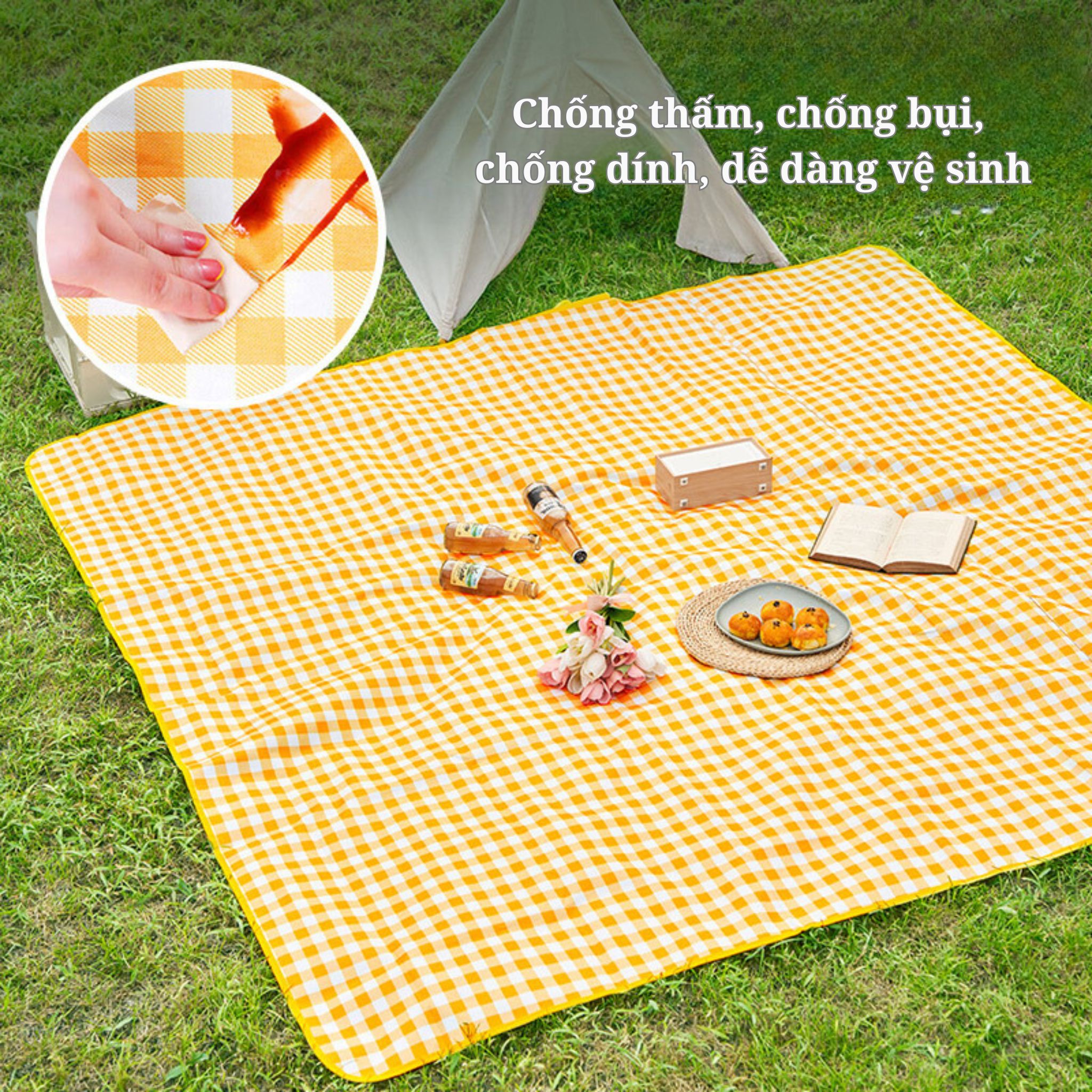 Thảm picnic Suncojia, thảm chống ẩm, kiểu sọc vàng trắng, thảm bãi biển, kích thước 2×2 mét