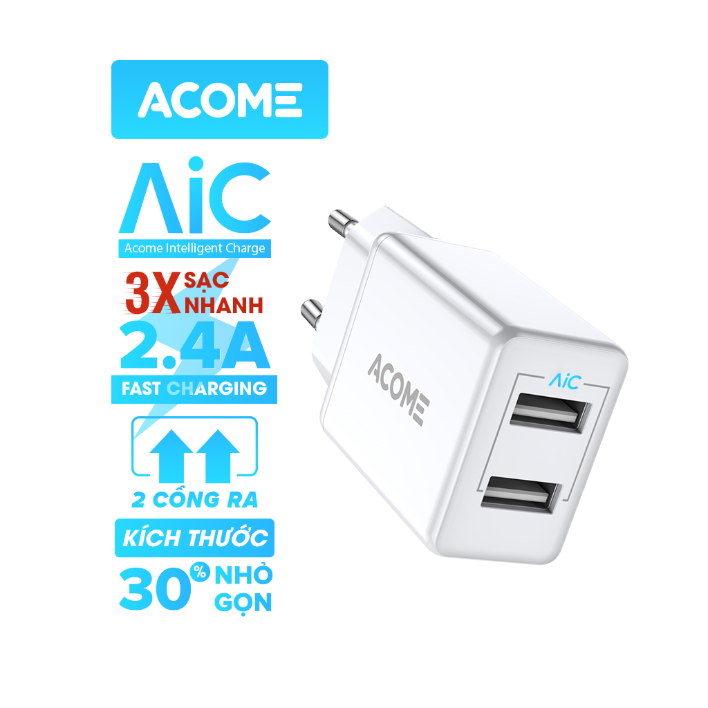 Cốc sạc ACOME AC03 Cho Di Động/Điện Thoại/Máy Tính Bảng Có 2 Cổng USB Sạc Nhanh 2.4A - Hàng Chính Hãng