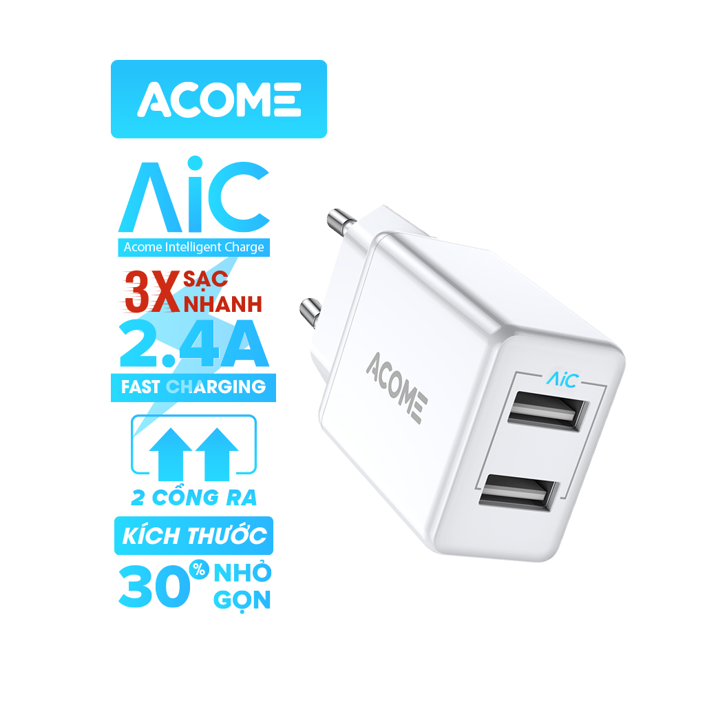 Củ sạc gắn tường nhựa cho di động/điện thoại/máy tính bảng 2 cổng USB - Hàng Chính Hãng