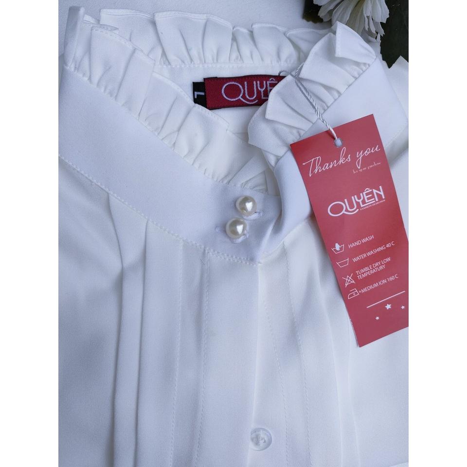 Áo Sơ Mi Công Sở Nữ Thời Trang Quyên Fashion, Mẫu Kiểu Cổ Lọ Kẹp Bèo Tay Dài Màu Trắng AA382