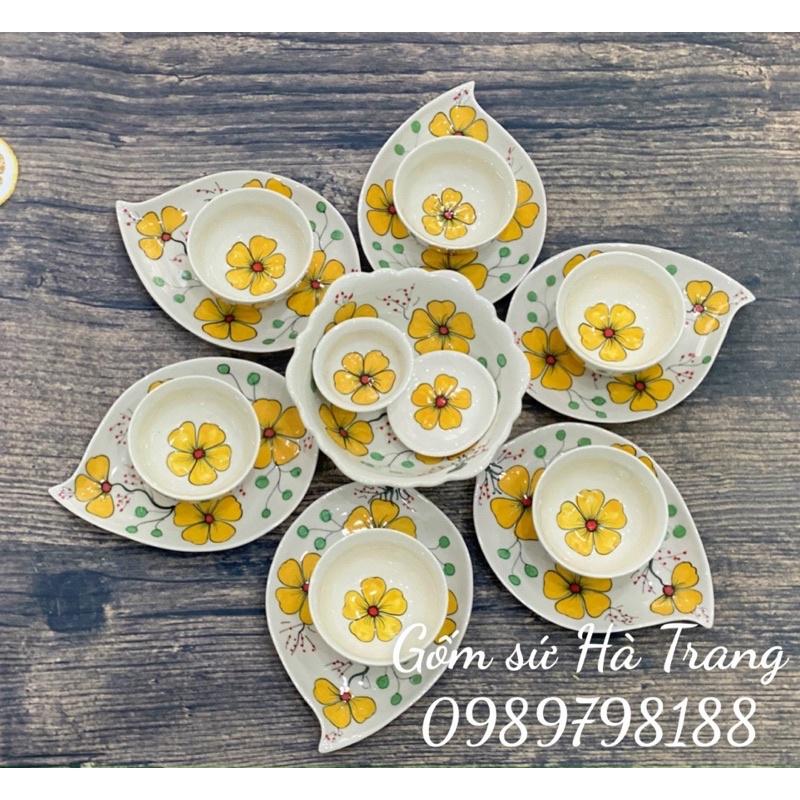 Bộ bát đĩa gốm sứ Bát Tràng cao cấp không chì hoa 6 cánh vẽ hoa vàng