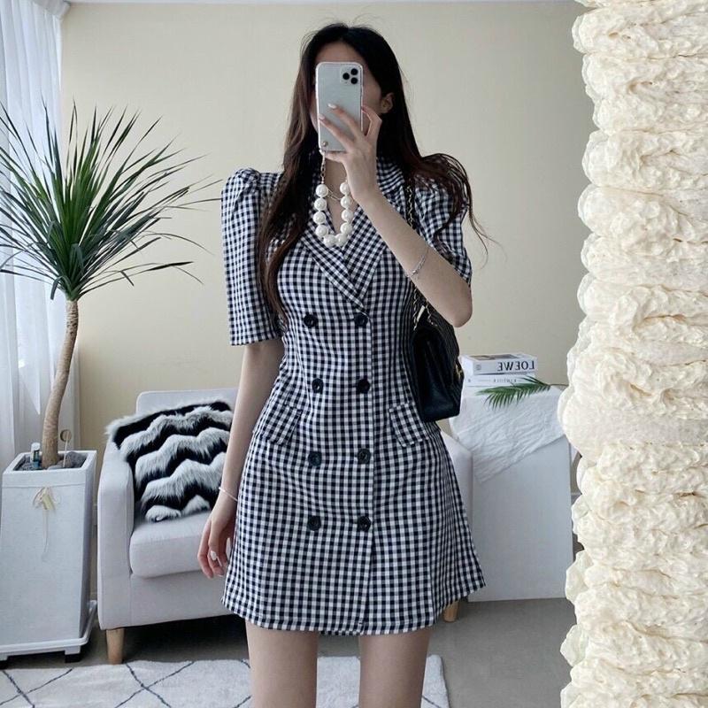 Đầm caro xoè nhẹ cổ vest S.MLXL