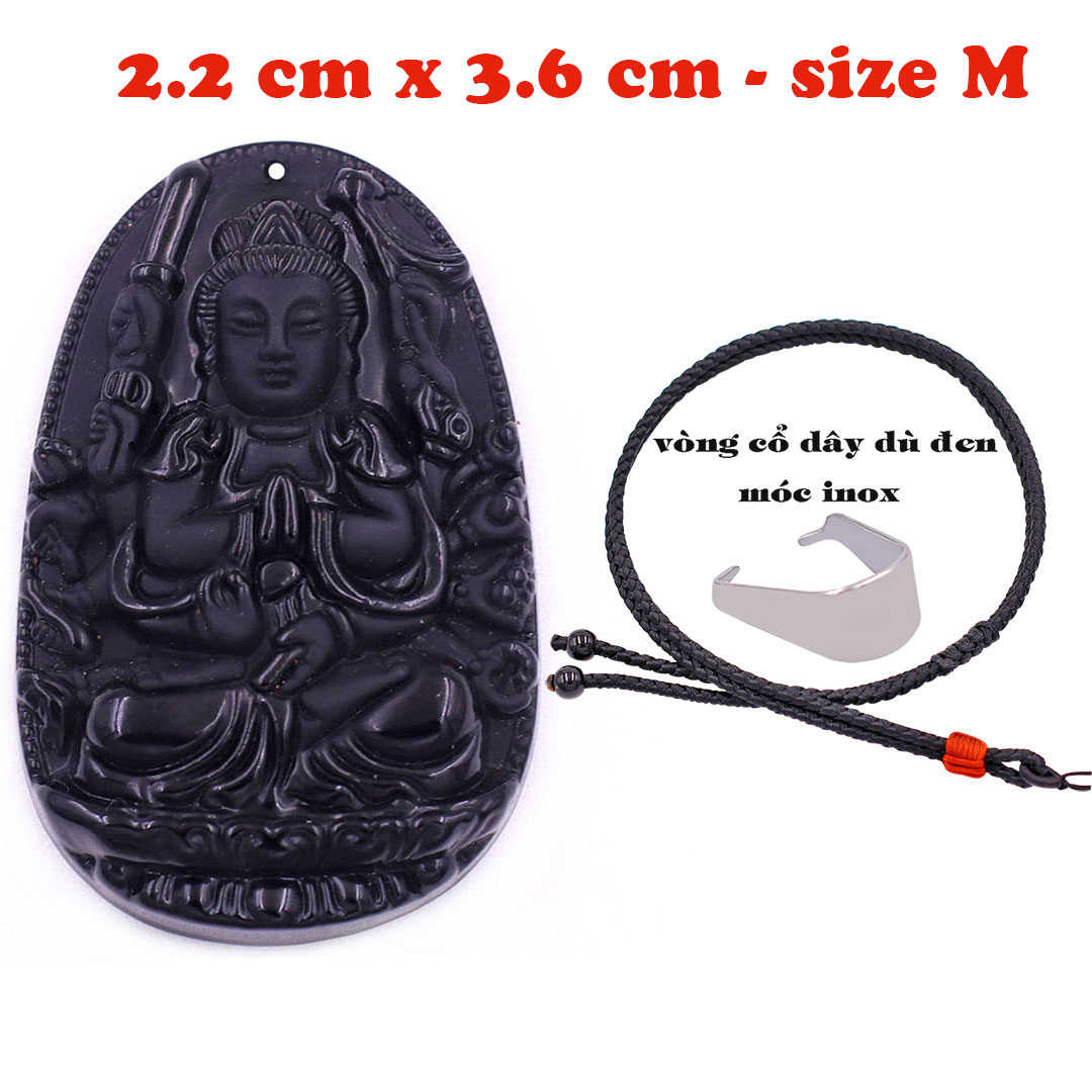 Mặt Phật Thiên thủ thiên nhãn thạch anh đen 3.6 cm kèm vòng cổ dây dù đen - mặt dây chuyền size M, Mặt Phật bản mệnh, Quan âm bồ tát