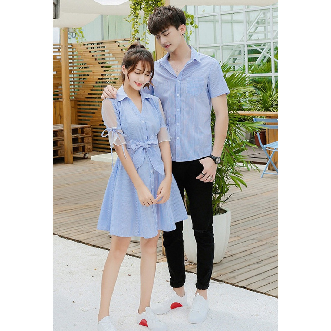 Set Áo váy đôi sơ mi sọc xanh CoupleTina mềm mịn cao cấp