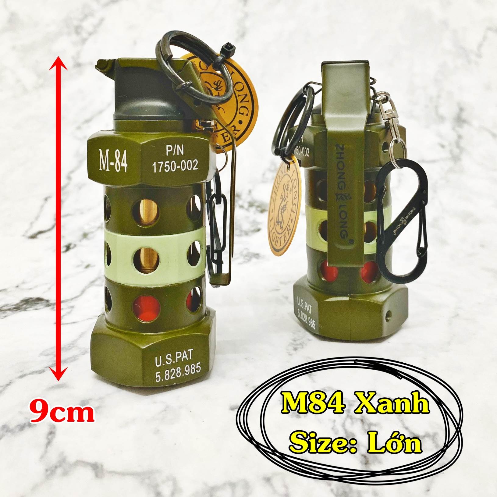 Hột quẹt bật lửa khè móc khóa hình trái lựu M84 Xanh size lớn 9cm kim loại - xài gas