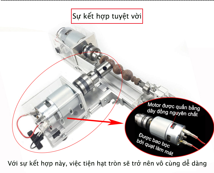 Máy tiện hạt chuỗi mini 2 motor kiêm khoan mài khắc đa năng