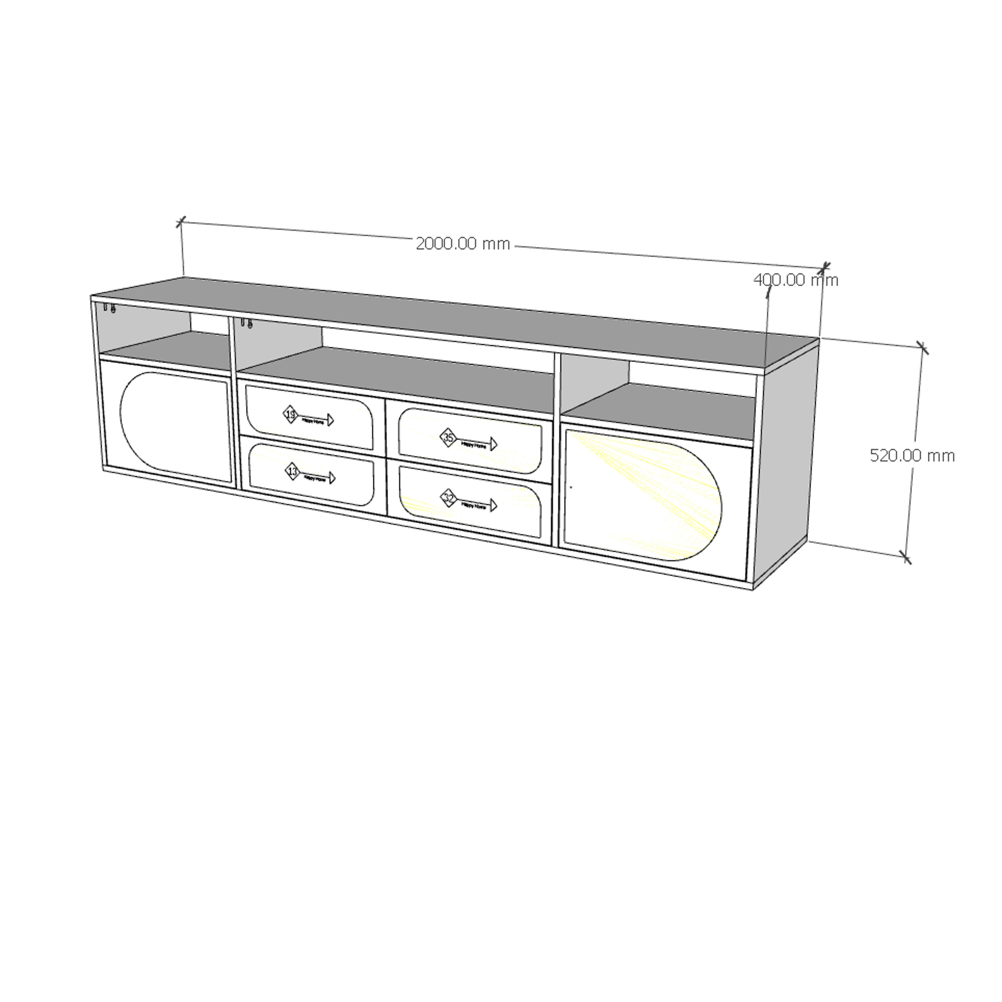 BANA, Kệ TV 2 cửa mở - 4 ngăn kéo, 200cm x 40cm x 52cm , KTV_033