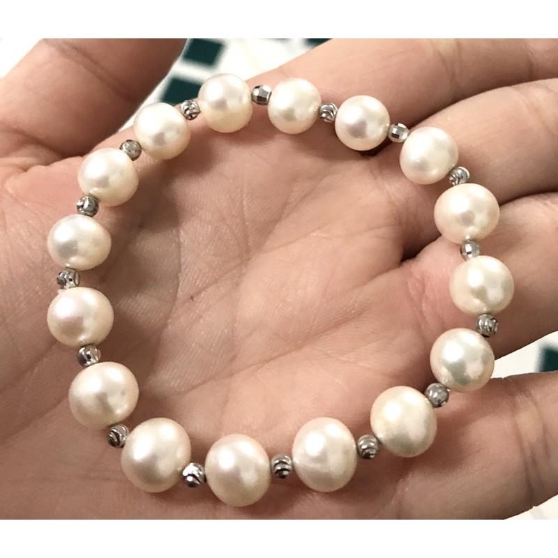 Vòng Tay Ngọc Trai Hạt 9 Ly Mix Bi Titan Thép Không Rỉ, Lắc Tay Ngọc Trai Nước Ngọt - Trường Thịnh