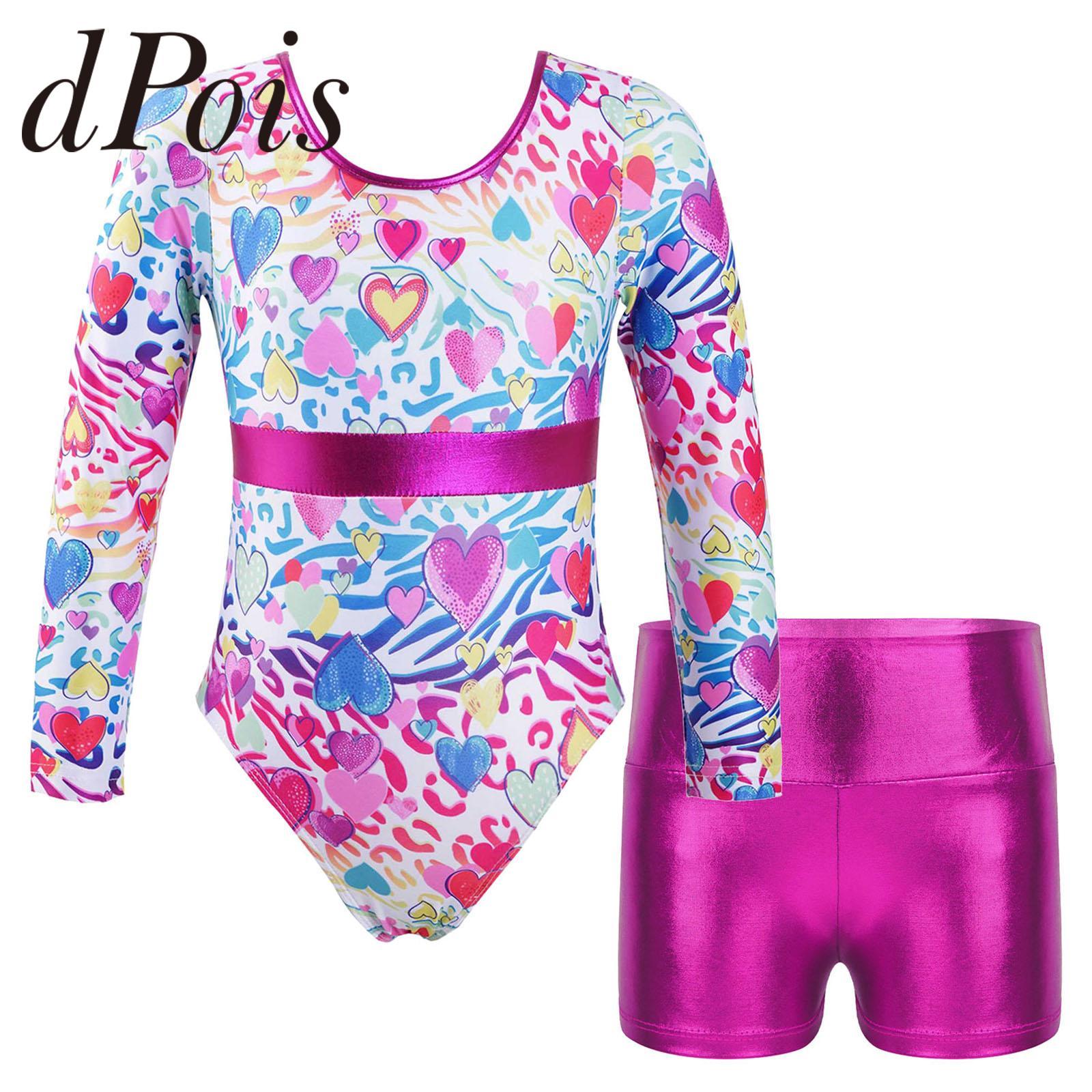 Trẻ em nữ dài tay áo in leotard kim loại quần short cho tập luyện múa ba lê trang phục khiêu vũ trẻ em Jumpsuit Color: Purple Size: 14