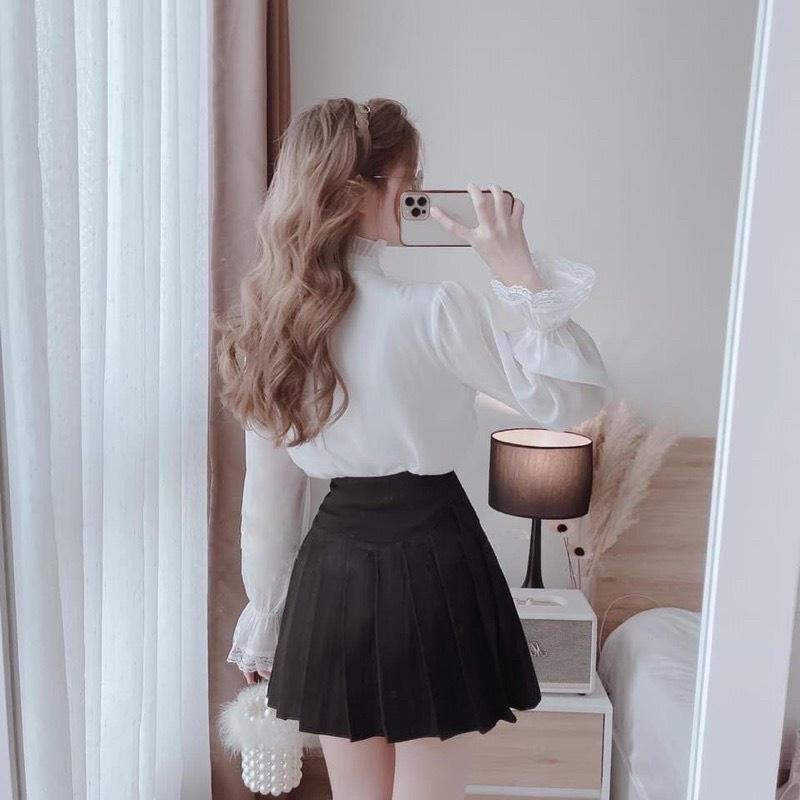 Áo sơ mi kiểu nữ cổ bèo phối ren 2 lớp bánh bèo sang chảnh