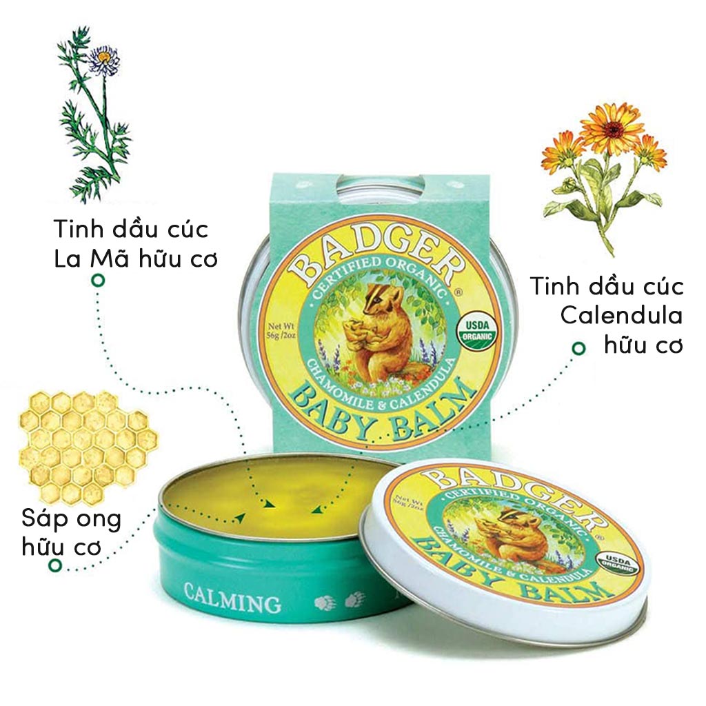 Sáp Hữu Cơ Dưỡng Da Cho Bé Badger Baby Balm - Dưỡng ẩm và bảo vệ da bé, chứng nhận USDA Organic - 2oz (56g)