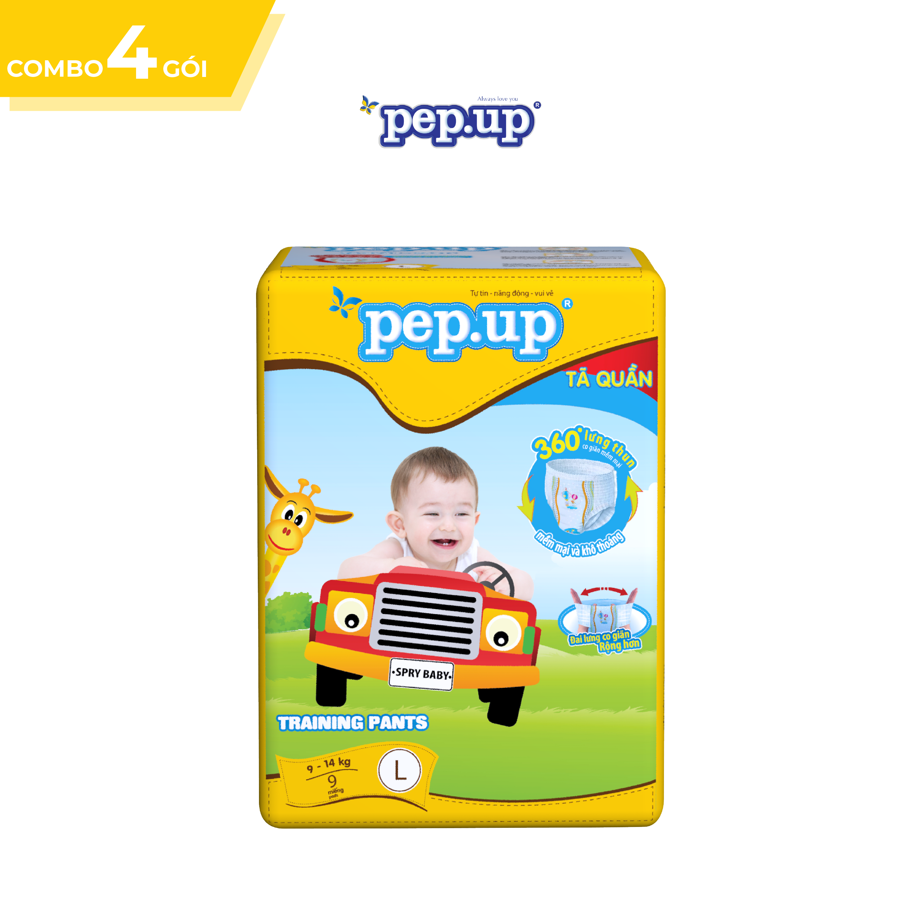 Combo 4 Gói Tã Quần Pep.up Vàng - Size L (9 Miếng/Gói) 