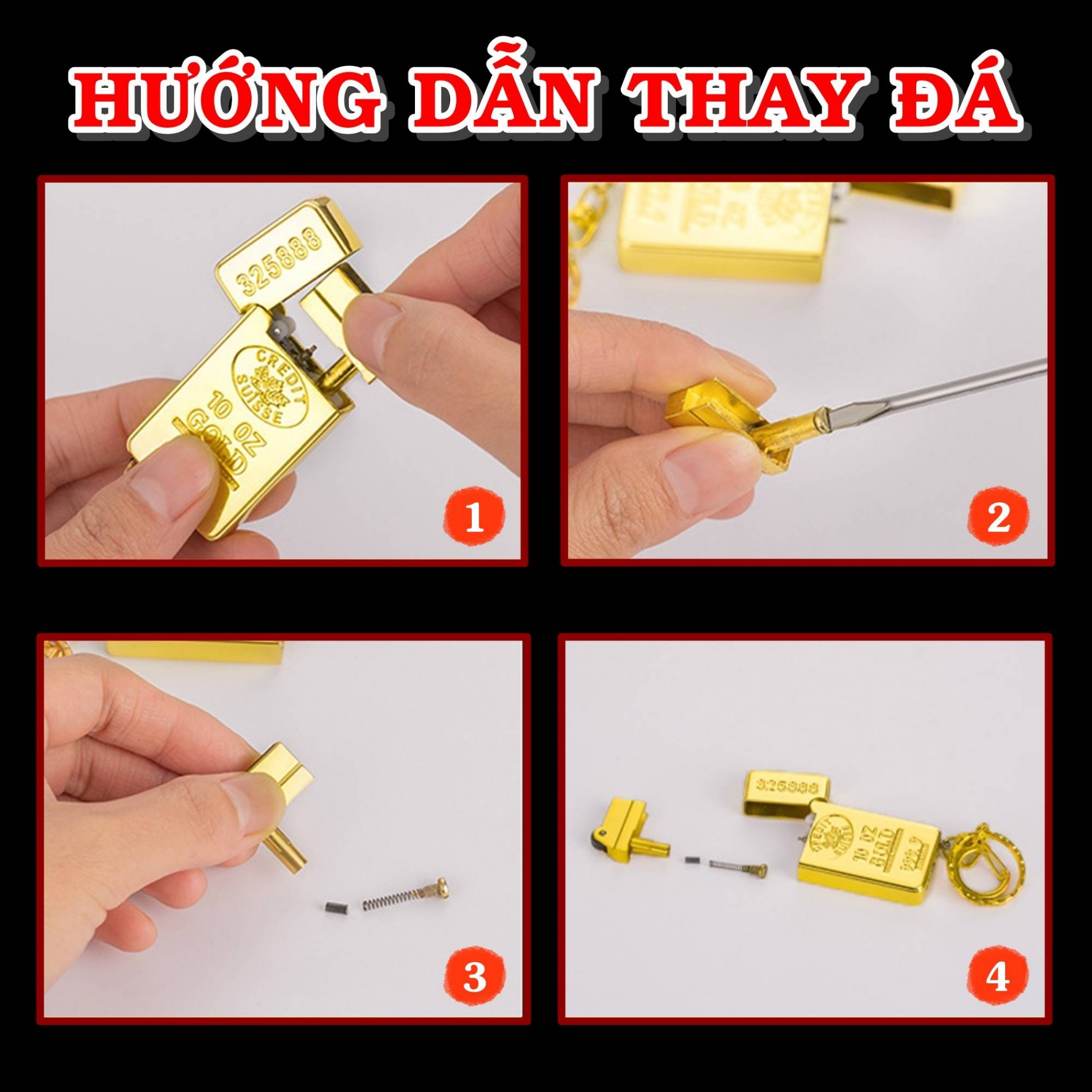 Bật lửa hột quẹt gas đá móc khóa hình thỏi vàng 9999 - xài gas