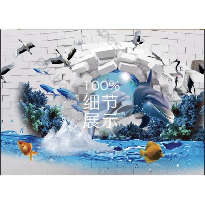 Tranh phong cảnh cá heo phá tường,Tranh 3d dán tường hiện đại trang trí phòng khách phòng ngủ(tích hợp sẵn