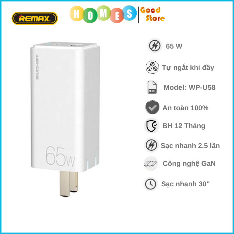 Củ Sạc Nhanh 65W  REMAX WK WP-U58 - Hàng Chính Hãng