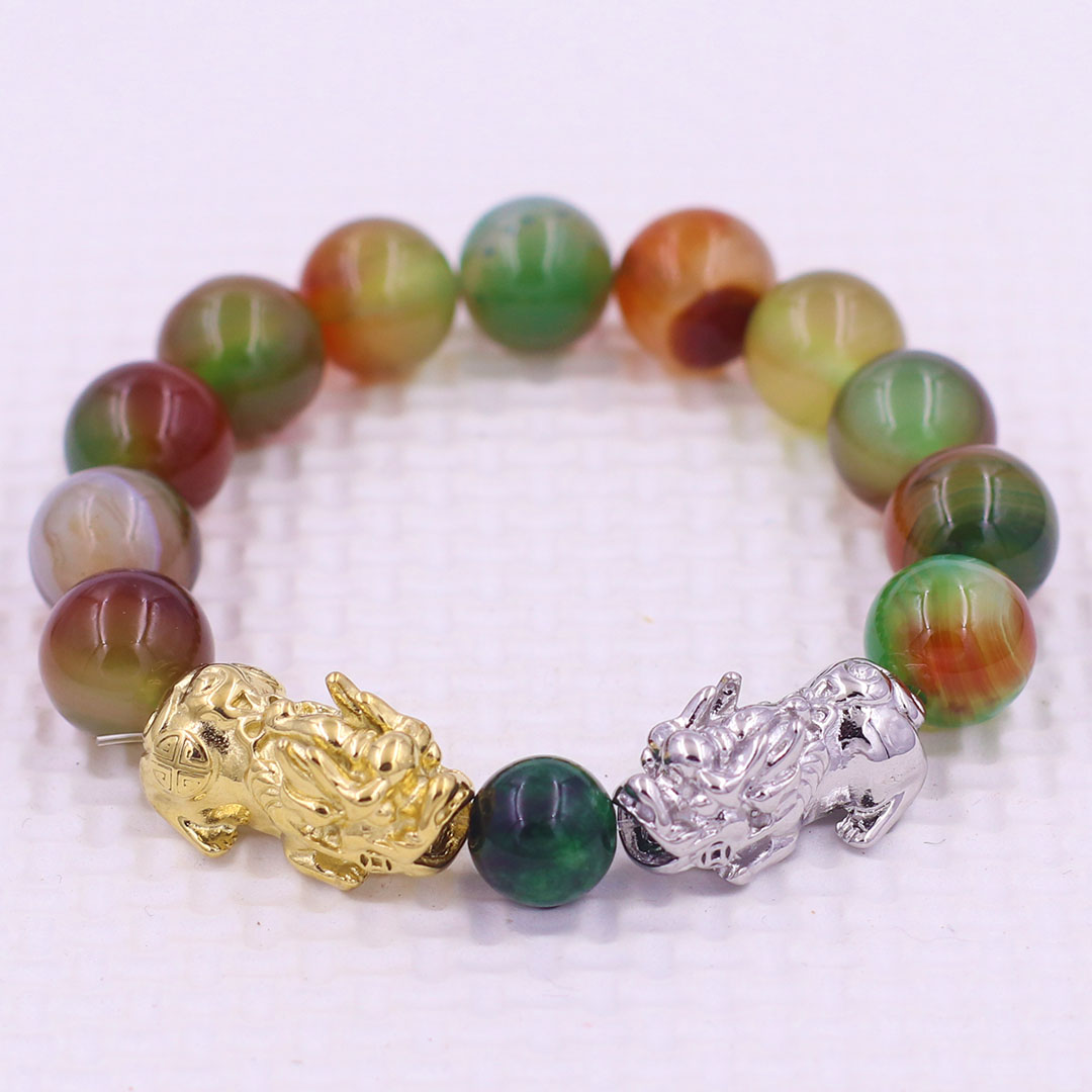Vòng chuỗi đeo tay mã não tứ quý 12 ly charm tỳ hưu đôi inox trắng và vàng, vòng chuỗi phong thủy, charm tỳ hưu, vòng tay hạt chuỗi