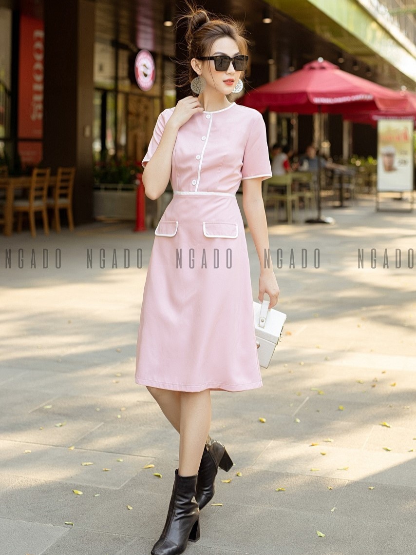 Đầm hồng ngắn tay viền trắng NGADO