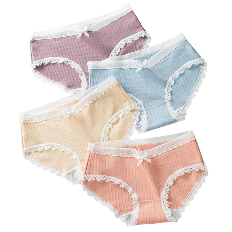 Quần cotton tăm màu trơn viền ren ôm mông cạp lưới đính nơ
