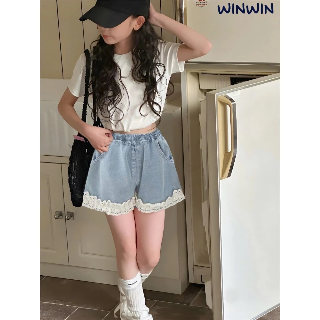 Quần Short Jean Bé Gái Phối Ren Lưng Thun Co Giãn Mềm Mại, Quần Jean Trẻ Em Đi Chơi Dễ Thương Hottrend Từ 12-45kg Dành Cho Bé Gái