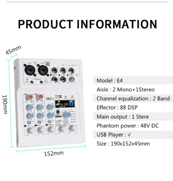 Bàn Mixer E4 mini - 88 chế độ vang, 3 kênh (2 mono, 1 stereo) - Tích hợp nguồn 48V dành cho micro thu âm - Đầy đủ kết nối Bluetooth, USB, XLR, 6.5mm, Canon - Mixer chuyên dụng cho loa kéo, dàn karaoke gia đình, thu âm, livestream - Hàng nhập khẩu