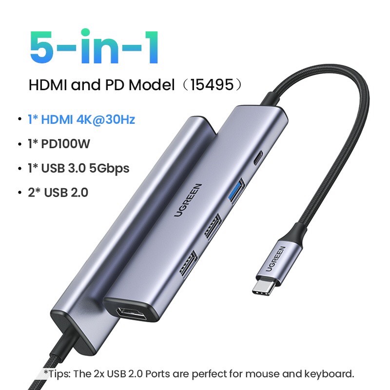 Hub USB Type-C 5 trong 1 ra HDMI 4K@30Hz, USB 2.0, USB 3.0, Sạc PD 100W Ugreen 15495 hàng chính hãng