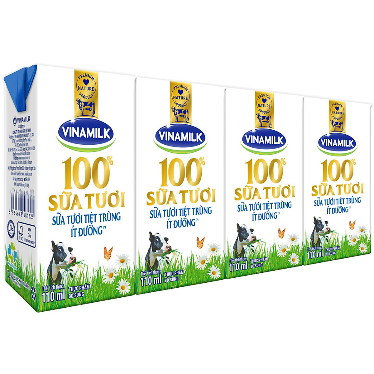 Lốc 4 hộp Sữa Tươi Tiệt Trùng Vinamilk 100% Ít Đường 110ml