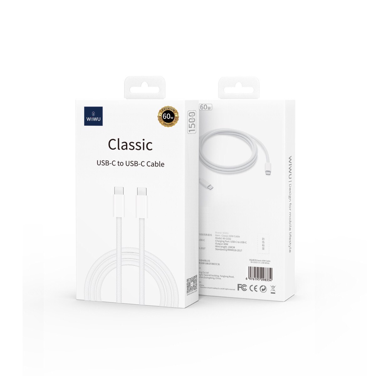 Cáp sạc nhanh Wiwu Classic USB-C to USB-C 60W Wi-C032 cho điện thoại, máy tính bảng hỗ trợ sạc nhanh PD-Hàng chính hãng