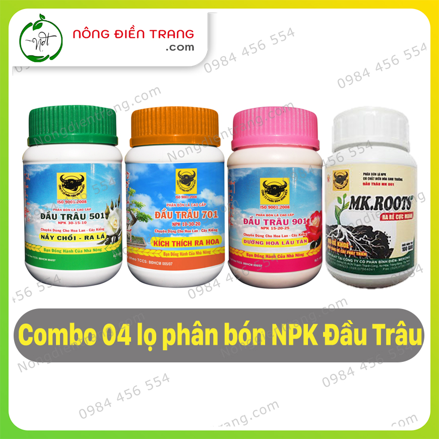 Bộ 04 sản phẩm phân bón Đầu Trâu NPK 501, 701, 901 và MK.ROOT - Chai 100g - Kích thích ra rễ cực mạnh, tăng trưởng, ra hoa, dưỡng hoa và đậu trái hiệu quả VTNN Nông Điền Trang