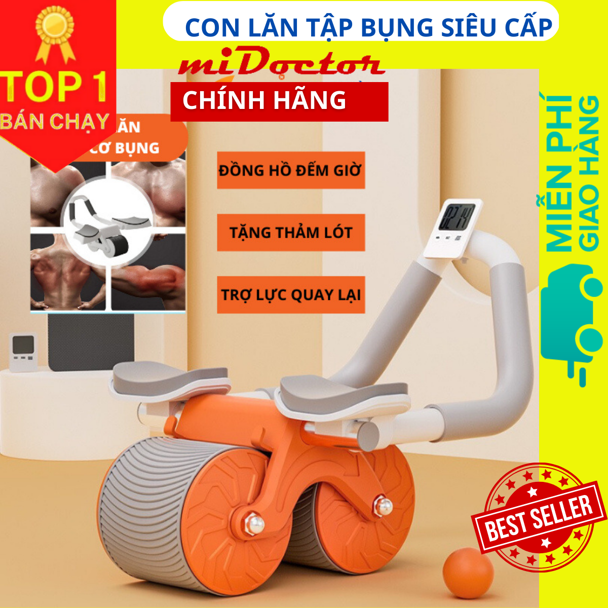 Con lăn Tập Cơ Bụng Bánh Xe Trợ Lực mi02 Thế Hệ Mới 2023 hỗ trợ tập Plank Kèm Bệ Tỳ Tay, Đồng Hồ, Đệm Gối - Chính Hãng miDoctor