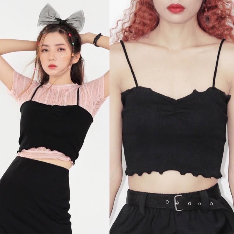 Áo 2 dây croptop rút ngực màu đen, trắng, tím DALLA