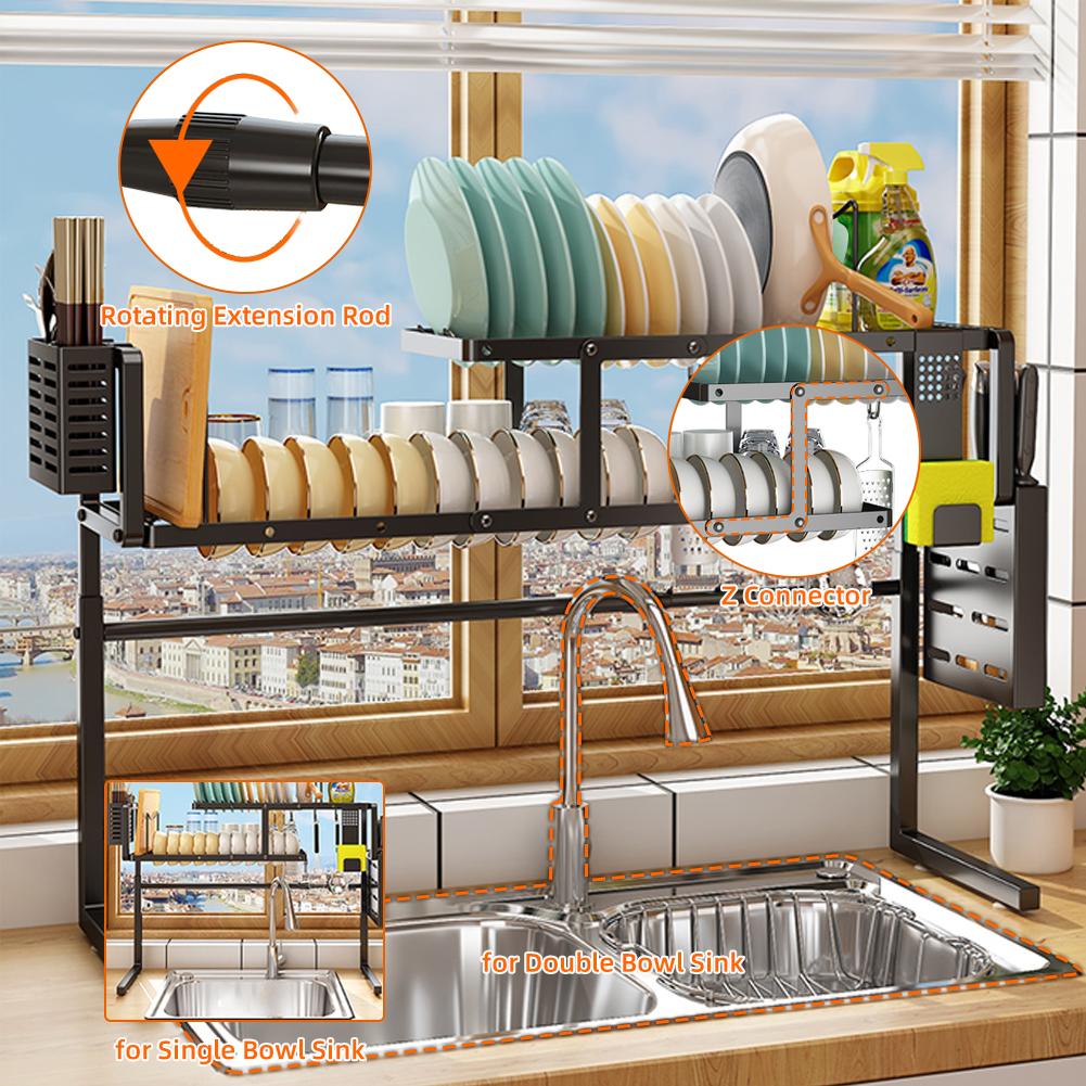 Stagger Over the Sink Dish Drying Rack Length Height Adjustable for Bowl Sink Thickened Carbon Steel Dish Drainer