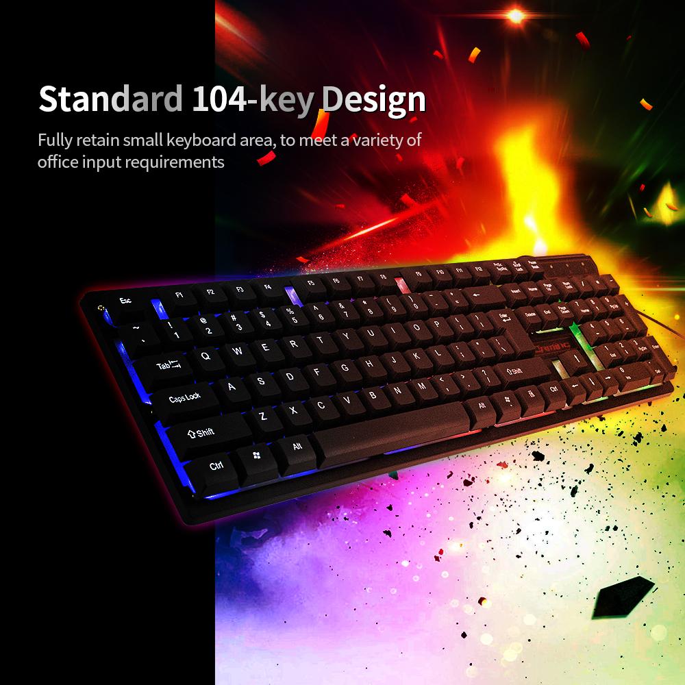 KR-6300 USB Wired Keyboard Gaming Keyboard 104 Keys Three-color Backlight Keyboard Ergonomic Gaming Keyboard Black