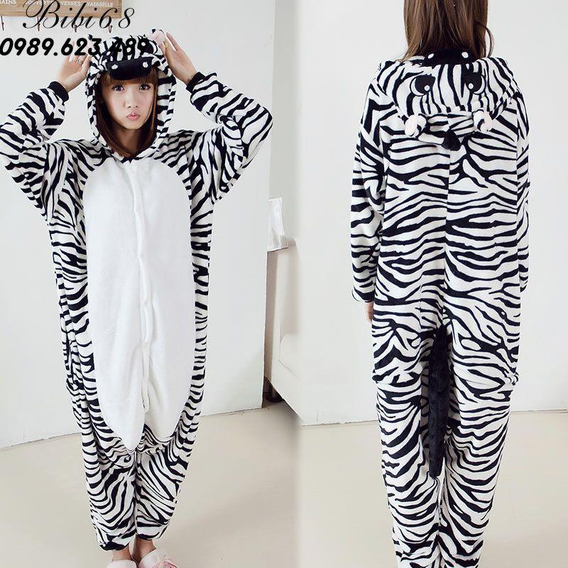 Bộ Đồ thú ngựa vằn liền thân lông mịn Pijama Cho Người Lớn và Trẻ Em kiểu dáng Động Vật Hoạt Hình Cosplay