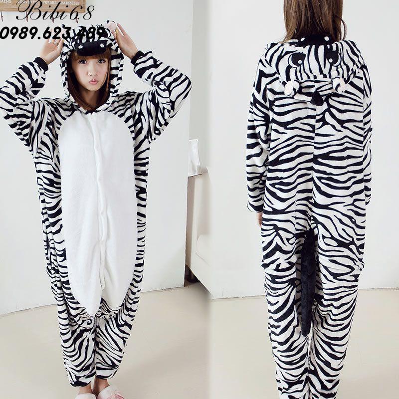 Bộ Đồ thú ngựa vằn liền thân lông mịn Pijama dành Cho Người Lớn và Trẻ Em kiểu dáng Động Vật Hoạt Hình Cosplay