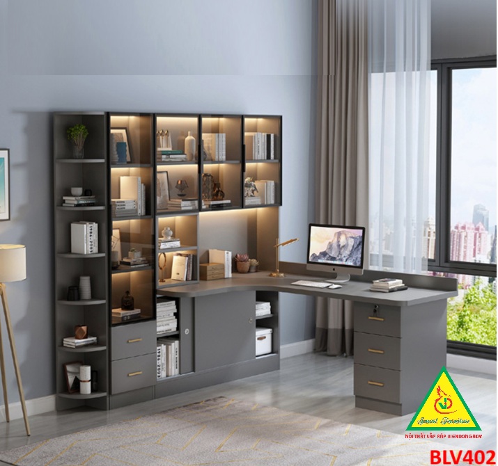 BÀN HỌC – BÀN LÀM VIỆC LIỀN KỆ GỖ MDF TỦ CÁNH KÍNH CÓ ĐÈN LED BLV402 - NỘI THẤT LẮP RÁP VIENDONGADV
